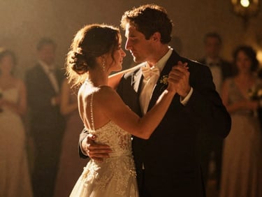 Cinematic motion-blurred still of a couple dancing closely under warm reception lights, high contrast shadows, nostalgic feel