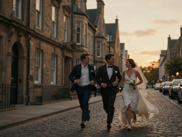 Cinematic wide shot of a couple running through a historic city street at dusk, motion blur, warm cinematic wedding videography still, rich organic tones