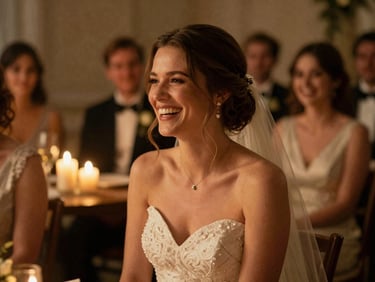 Cinematic 16:9 still of a bride laughing during speeches, warm candle glow, soft focus background, rich contrast, film look