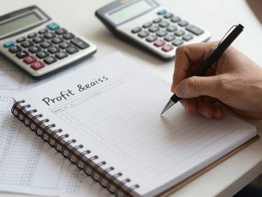 Close detail shot, natural side light: student hands writing in a coil-bound notebook open to a hand-drawn profit and loss table, a calculator resting nearby, the edge of a printed balance sheet visible beneath
