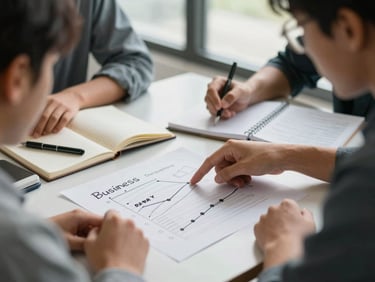 Two students reviewing a hand-drafted business plan spread on a table, one pointing at a revenue line, notebooks and markers nearby, soft natural light from a nearby window