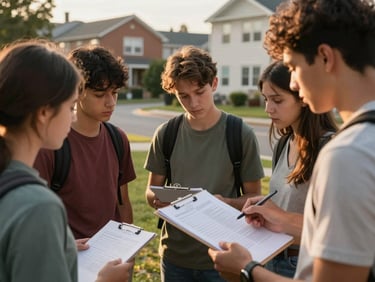 Small group of students in an outdoor community setting reviewing a project plan together, one holding a clipboard with notes, golden afternoon light, neighborhood context visible in background