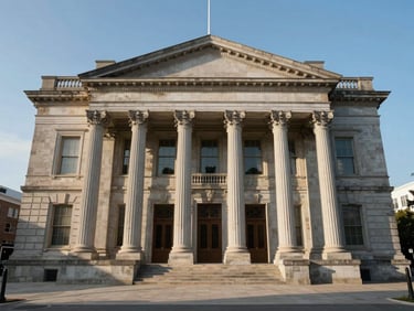 Wide-angle architectural shot of a classical county courthouse facade with stone pillars, captured in clean morning daylight with clear blue sky.