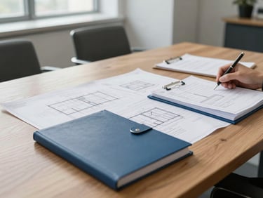 A clean, bright professional office meeting room with architectural blueprints and legal folders on a large oak table, soft natural daylight