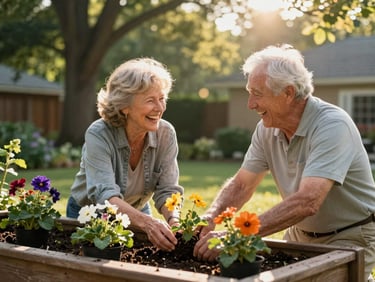 Warm afternoon sunlight filtering through trees as an active senior couple in their late 60s laughs while planting flowers in a raised garden bed in a Naperville backyard.