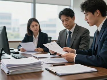 Medium shot of trade finance professionals reviewing letter-of-credit documents across a wide desk in a formal banking office, overcast natural window light, stacks of stamped papers and ledgers in foreground