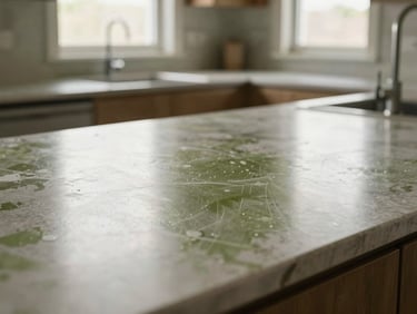 Close-up of a sparkling clean, newly installed kitchen countertop reflecting natural light, with a subtle hint of a modern faucet in the background, post-construction cleanliness.