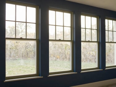 Newly constructed interior, dust-free, sparkling windows, ready for occupancy, golden hour light.