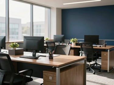 Modern, clean office interior, natural light, organized desks, polished surfaces.