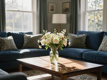 Sunlit, beautifully styled residential living room, meticulously clean, with a vase of fresh flowers on a polished coffee table, warm morning light streaming through a window.