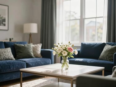 Bright, clean residential living room, soft morning light, fresh flowers, immaculate surfaces.