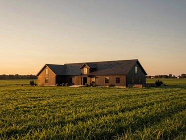 Elegant farmhouse at golden hour, surrounded by green fields, wide environmental landscape shot