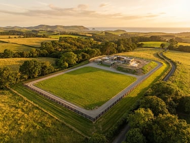 Wide panoramic drone shot of a perfectly rectangular, sunlit plot of land with clear boundary markers, warm golden-hour light, crisp details, editorial style