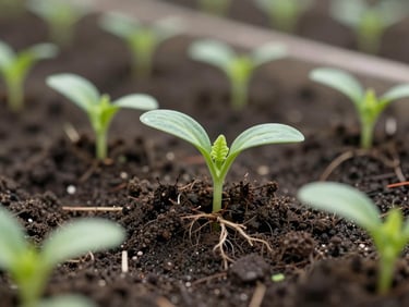 Close-up of vegetable seedlings transplanted into dark moist soil beds, visible root zone, natural overcast daylight, no artificial light