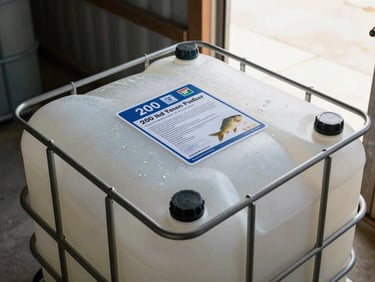 Close overhead shot of a 200-litre IBC tank of fish fertilizer in a farm storage area, natural side light from a barn opening, product label visible, no white background