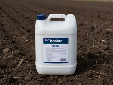 Close overhead shot of a 20-litre fish fertilizer drum on dark tilled soil, natural overcast daylight, product label visible, no white background