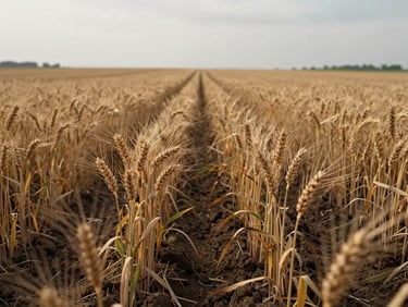 Wide-angle ground-level shot of wheat stalks emerging from dark tilled soil, overcast morning light, Anatolian plain visible in background