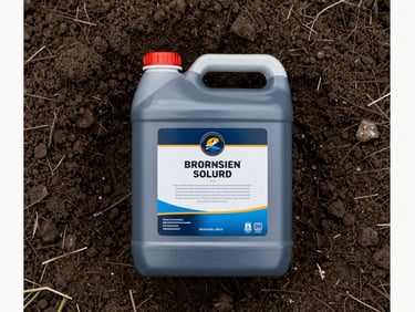 Close overhead shot of a 5-litre fish fertilizer container on dark tilled soil, natural overcast daylight, product label visible, no white background