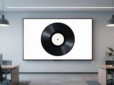 Elegant graphic of a vinyl record with clean vector lines, displayed on a high-contrast wall monitor in a quiet corporate lounge, sophisticated cool-toned studio light