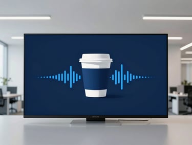 Minimalist coffee cup and digital soundwave graphic on a high-contrast dark blue screen, bright clean office lighting, modern workspace setting