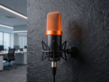 Professional podcast cover art featuring a sleek studio microphone, vibrant orange accent light, dark slate background, sharp focus, wide-angle lens