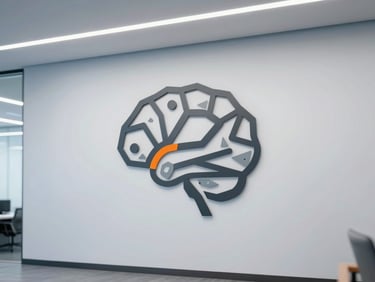 Abstract geometric brain and gear symbol, clean modern digital signage style, gray and orange tones, corporate boardroom background