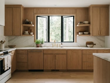 Straight-on architectural elevation of a luxury renovated kitchen in North Vancouver, soft natural daylight streaming through a large window, mitered marble countertops, warm oak cabinetry, brass hardware details, 35mm lens.