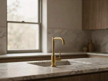 Close-up of a luxury marble kitchen island, warm natural window light, minimalist brass faucet, muted earth tones