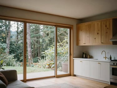 Architectural photograph of a mid-century modern living room, floor-to-ceiling glass windows overlooking North Vancouver forest, custom white oak cabinetry, warm natural daylight, 35mm lens