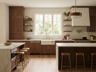 Architectural straight-on interior elevation of a renovated luxury kitchen with warm brass fixtures, custom walnut cabinetry, soft natural window light