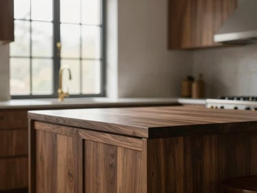 Architectural detail of a perfectly mitered joint on a walnut kitchen island, natural window light, luxury residential setting.
