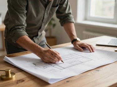 A project manager reviewing architectural blueprints on a clean oak table, soft morning light, professional setting.