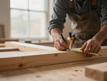 A master carpenter measuring a structural timber beam, soft diffused daylight, warm wood tones, shallow depth of field.
