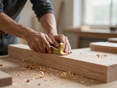 Detail of a master carpenter hand-planing a solid oak beam, wood shavings, soft side lighting in a clean workshop