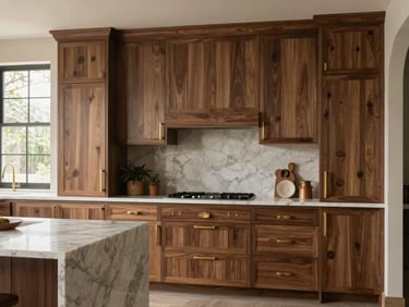 High-end contemporary kitchen with hand-matched walnut cabinets, brass hardware accents, marble island, soft natural window light, straight-on architectural elevation, 35mm lens