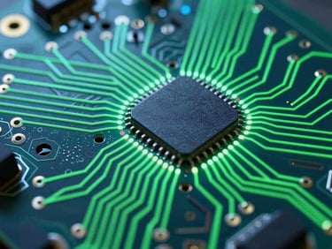 Overhead schematic view of a complex circuit board with glowing neon green traces, clean studio lighting, sharp details.