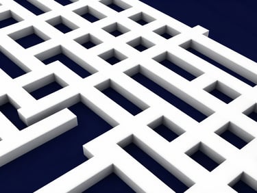 Wide panoramic abstract 3d render, stark white geometric blocks interlocking over a deep navy background, crisp lighting, high contrast.