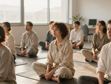 Soft candid medium shot of corporate team sitting on yoga mats in a sunlit modern office, warm morning light, relaxed expressions, natural linen clothing, 35mm