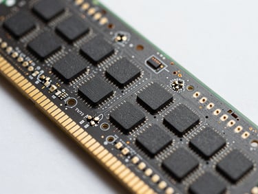 Extreme close-up of a DDR4 memory module, fine-pitch gold fingers and dense BGA component arrangement on dark PCB, studio strobe raking light revealing solder mask texture and component placement precision, cool white background, no warm tones