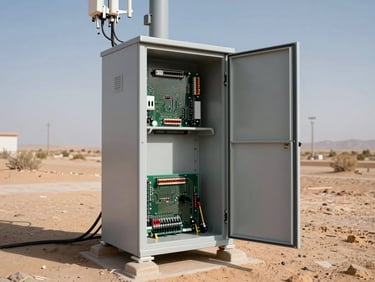 Wide shot of outdoor telecom tower base station equipment cabinet open in a desert environment, circuit boards and connectors visible inside the cabinet door, harsh direct sun casting hard shadows on gray metal enclosures, no people