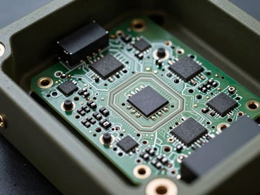 Extreme close-up of a ruggedized military-grade electronics chassis interior, conformal-coated PCBs with through-hole components under hard studio strobe, matte olive-green aluminum housing edge visible on the left, cool clinical lighting with crisp shadow definition, no people