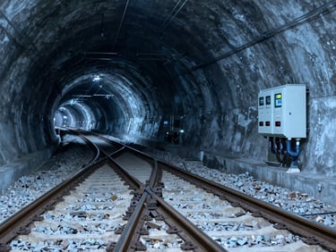 Overhead close-up of high-speed rail track switching junction in a mountain tunnel, overhead catenary cables sharp against dark concrete, industrial control electronics box mounted to the wall on the right third, cool blue-white fluorescent wash, no people