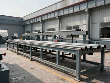 Bright natural daylight shot of a modern steel fabrication factory floor in Ghaziabad, clean industrial environment.