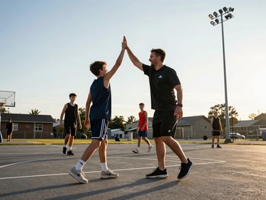 A local coach high-fiving a young player on a community court, authentic unposed smile, stadium floodlights.