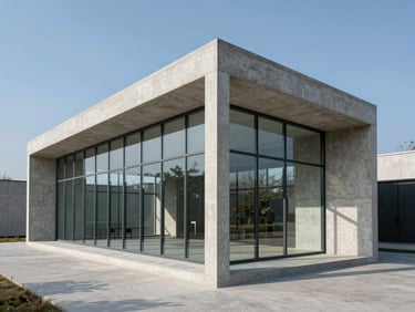 Orthogonal architectural photograph of a completed minimalist concrete pavilion, crisp high-contrast natural daylight casting sharp geometric shadows, glass facade meeting raw concrete joints, clean lines.