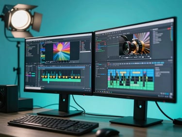 Ultra-sharp close-up of a modern digital editing suite, neon cyan backlighting reflecting on dual monitors showing high-contrast motion graphics, technical setup, direct studio lighting.