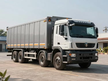 A heavy-duty Ashok Leyland trailer truck parked on a clean concrete yard, straight-on side view, bright natural daylight.