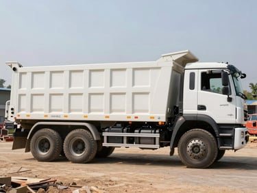 Side-profile photo of a heavy-duty Ashok Leyland Hyva tipper truck parked at a clean construction staging area in India, bright daylight, realistic vehicle details.