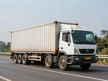 A clean, real Indian container truck on an open highway under bright daylight, wide environmental shot.
