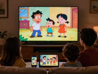 A family watching a classic Brazilian cartoon on a large smart TV, with a tablet and smartphone displaying the same content in a cozy, dimly lit living room, warm ambient light, cinematic dark-mode photography, rich saturated colors, high contrast, 35mm.